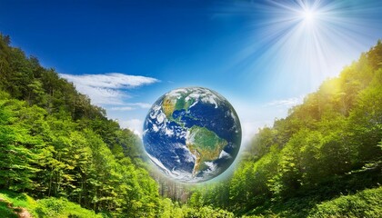 earth resting amidst lush green forest under a vibrant blue sky earth day celebration