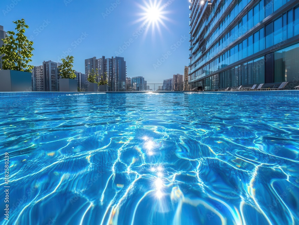 crystal clear swimming pool water surface with sunlight reflections ...