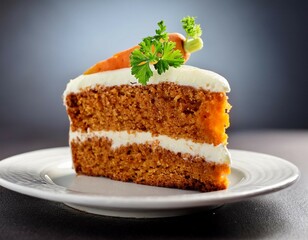 Wall Mural - delicious slice of carrot cake topped with cream frosting and decorated with a sprig of parsley