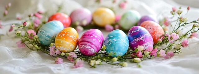 Wall Mural - close up of painted colorful easter eggs in wreath with spring branch flowers on white textured background, spring holiday concept banner