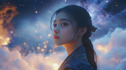 Wall Mural - young asian female in mystical space scene with clouds and stars
