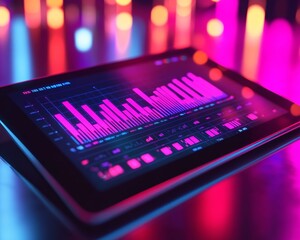 Fototapete - Sleek Tablet Displaying Neon Financial Graphs on Reflective Surface