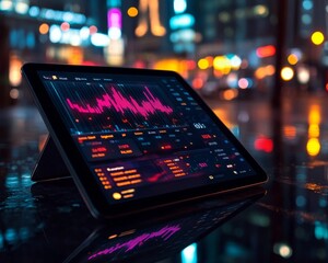 Aufkleber - Sleek Tablet Displaying Stock Market App with Neon Financial Graphs on Reflective Surface