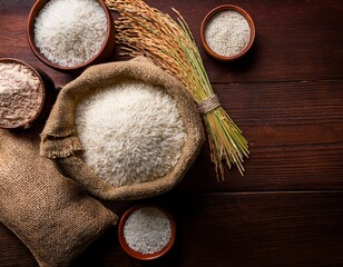 Wall Mural - top view of organic whole rice oryza sativa in a jute bag rice bran and flour in an earthen pot on a dark wooden backdrop with copy space image