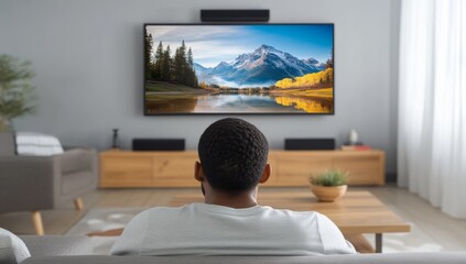 Man Watching Nature Scene on LED TV in Living Room