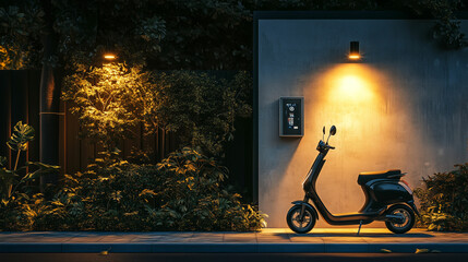 Wall Mural - Urban evening tranquility with a sleek electric scooter parked by a modern wall amidst greenery