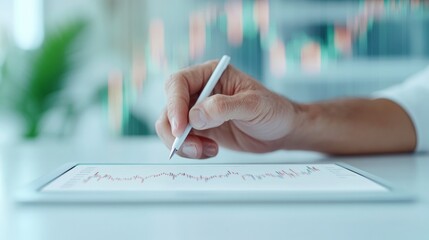 Poster - Minimalist Desk with Tablet and Hand Analyzing Stock Trends for Personal Finance