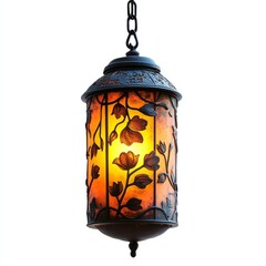 Wall Mural - A single glowing hanging lantern with floral engravings isolated on white 