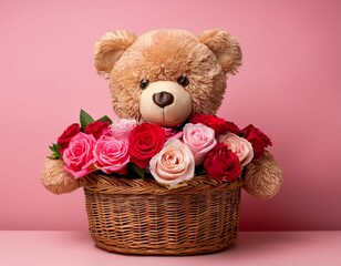 Wall Mural - teddy bear holding wicker basket filled with pink and red roses on a soft pink background