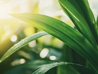 Sunlight illuminating vibrant green leaves with dew drops.