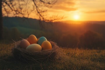 Colorful Easter eggs in a nest at sunset on a countryside field