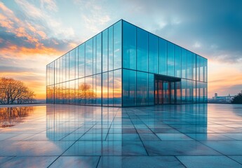 Poster - Modern glass cube building reflecting sunset sky and scenic landscape