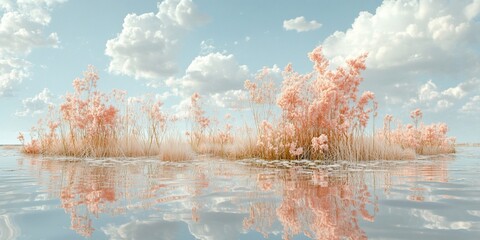 Sticker - Pink reeds reflect in calm lake under a cloudy sky. Peaceful nature scene