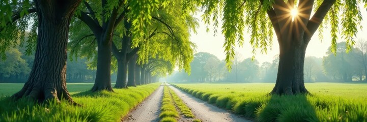 Poster - Dreamy spring willow branches, forest road, soft focus, blue sky, meadow, path