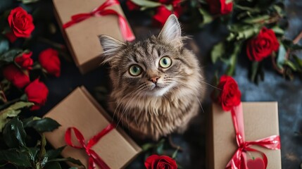 Wall Mural - Fluffy cat surrounded by red roses and gift boxes with ribbons