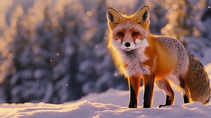 Poster - Red fox in snowy forest at sunset