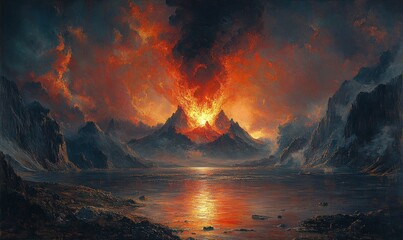 Canvas Print - Volcanic eruption, fiery landscape, dark mountains, glowing water.