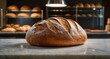 © Coxic25 - Golden-brown freshly baked bread on a marble counter, illuminated by warm light in the foreground. Behind, shelves showcase more baked goods, creating a welcoming atmosphere of bakery