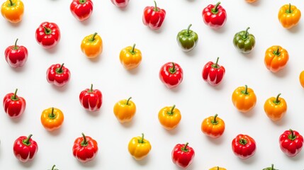 Wall Mural - Colorful arrangement of red, yellow, and green bell peppers on white background