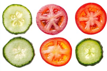 Wall Mural - Sliced tomatoes and cucumbers arranged on a wooden board, great for food styling or healthy eating concepts