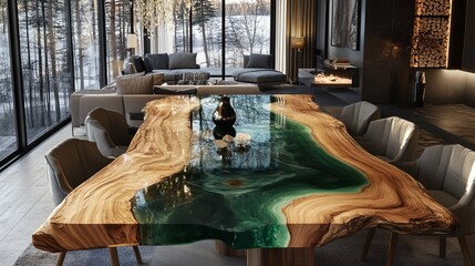 Poster - Luxurious modern living room with unique epoxy resin river table