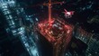 © aqiio - Night aerial view of drone surveying a high-rise building under construction. (1)