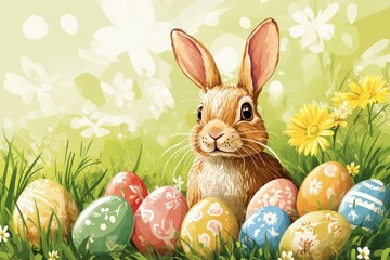 Wall Mural - Colorful easter bunny surrounded by decorated eggs in a spring meadow