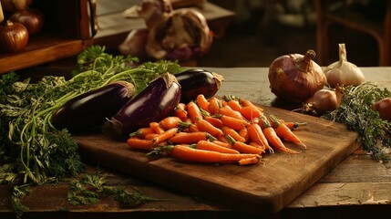 Wall Mural - Fresh carrots and eggplants on rustic wooden table with onions and herbs