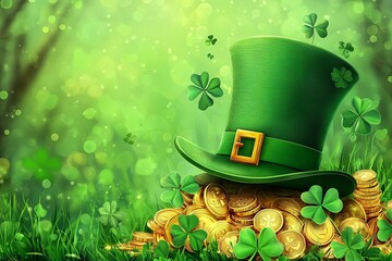 Wall Mural - Festive green leprechaun hat with gold coins and clover on lush grass