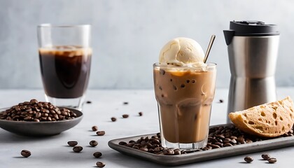 Wall Mural - A glass of iced coffee topped with a scoop of vanilla ice cream and coffee beans scattered on the side, presenting a perfect summer beverage.