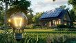 © ASSIASIA - House equipped with solar panels with light bulb on nature background, energy and energy saving in the house