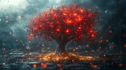 Wall Mural - Glowing red tree in rain.