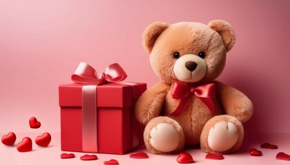 Wall Mural - cute teddy bear beside a red gift box with ribbon and heart decorations on a pink background