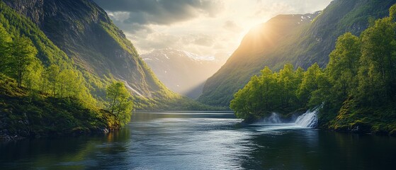 Poster - Sunset Fjord Waterfall Mountain lake, serene nature