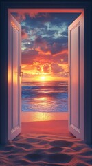 Wall Mural - Sunset ocean beach door; escape, travel, freedom