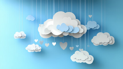 Cloudspace papercut with hanging hearts for decoration concept on blue sky background. Cloudspire. Illustration