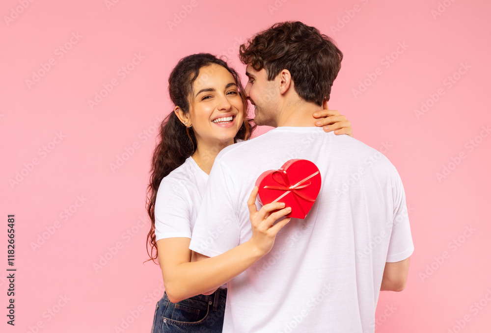 Happy Valentines Day Poster Boy And Girl Hugging With Hearts