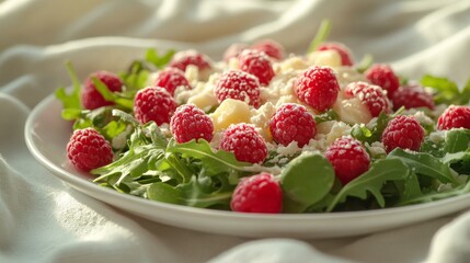 Sticker - A minimalistic summer salad featuring fresh arugula, raspberries, and a sprinkle of cheese on a white plate