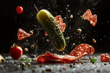 Sticker - A minimalistic composition featuring a floating pickle on a skewer surrounded by slices of salami, cherry tomatoes, and scattered herbs