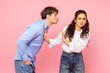 © Home-stock - Guy kissing woman, unhappy lady doing stop sign with hands, standing on pink background. Fight with harassment, relationship problems, personal space, disgust and breakup