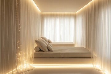 Aufkleber - Minimalist Luxury Guest Room with Illuminated Sheer Drapes and Modern Bedding