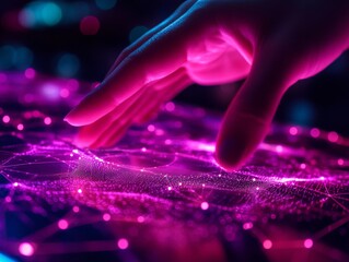 Poster - Hand Interacting with Neon Glowing Tablet in Cyberpunk Style