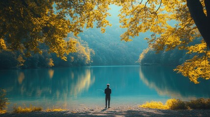 Wall Mural - Solitary Fisherman at a Serene Autumn Lake