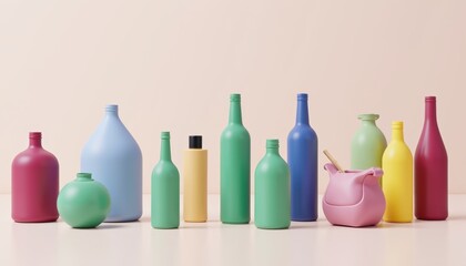 Fototapete - Realistic 3D collection of various bottle designs with minimalistic mood displayed on a clean surface with soft lighting