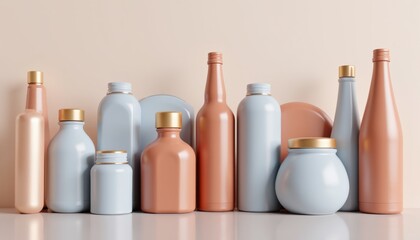 Fototapete - Realistic 3D collection of various bottle designs with minimalistic mood displayed on a clean surface with soft lighting