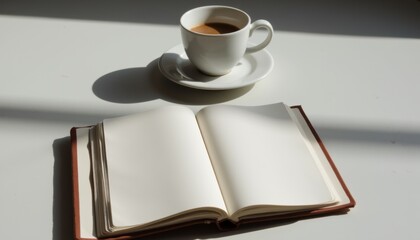 Fototapete - Close-up of an open book with a coffee cup beside it, showcasing both items on a minimalist table with soft shadows