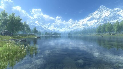 Wall Mural - Serene Mountain Lake Reflecting Snowy Peaks