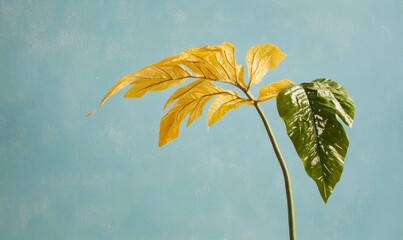 Palm tree with a leafy green stem and a yellow leaf. The leaf is in the sun and the sky is blue