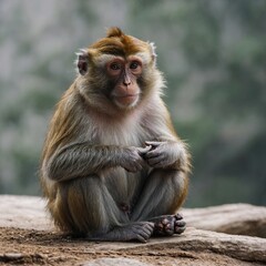 Wall Mural - A monkey sitting cross-legged, meditating with a serene expression, white background.