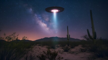 Wall Mural - mysterious flying saucer illuminates desert landscape under starry night sky